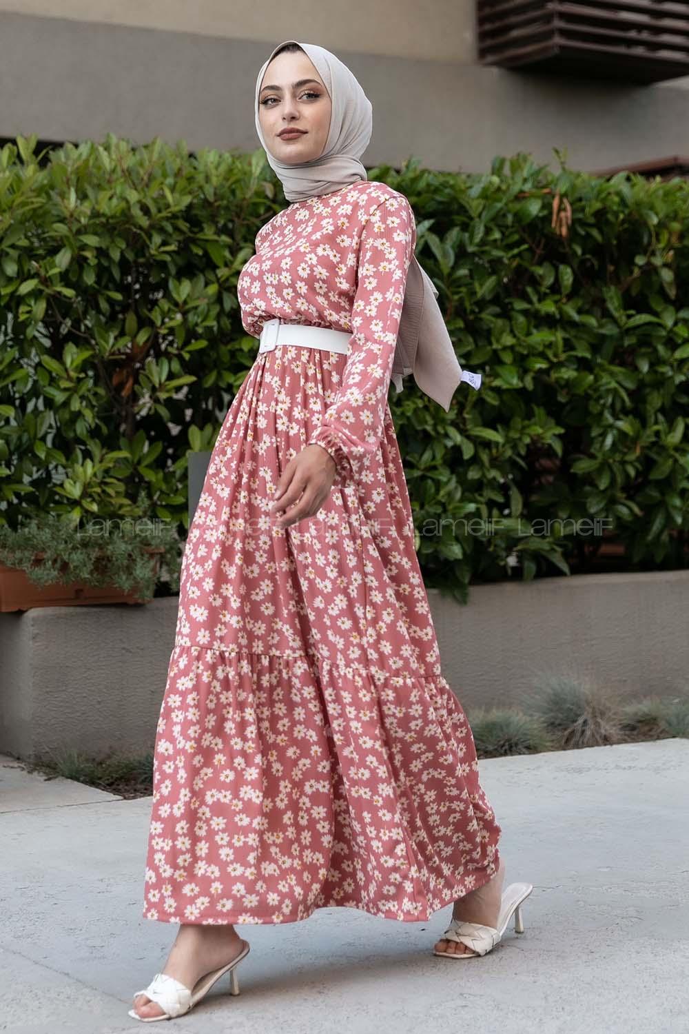 Modalamelif Papatya Desenli Beli Kemer Bağlamalı Elbise Pembe