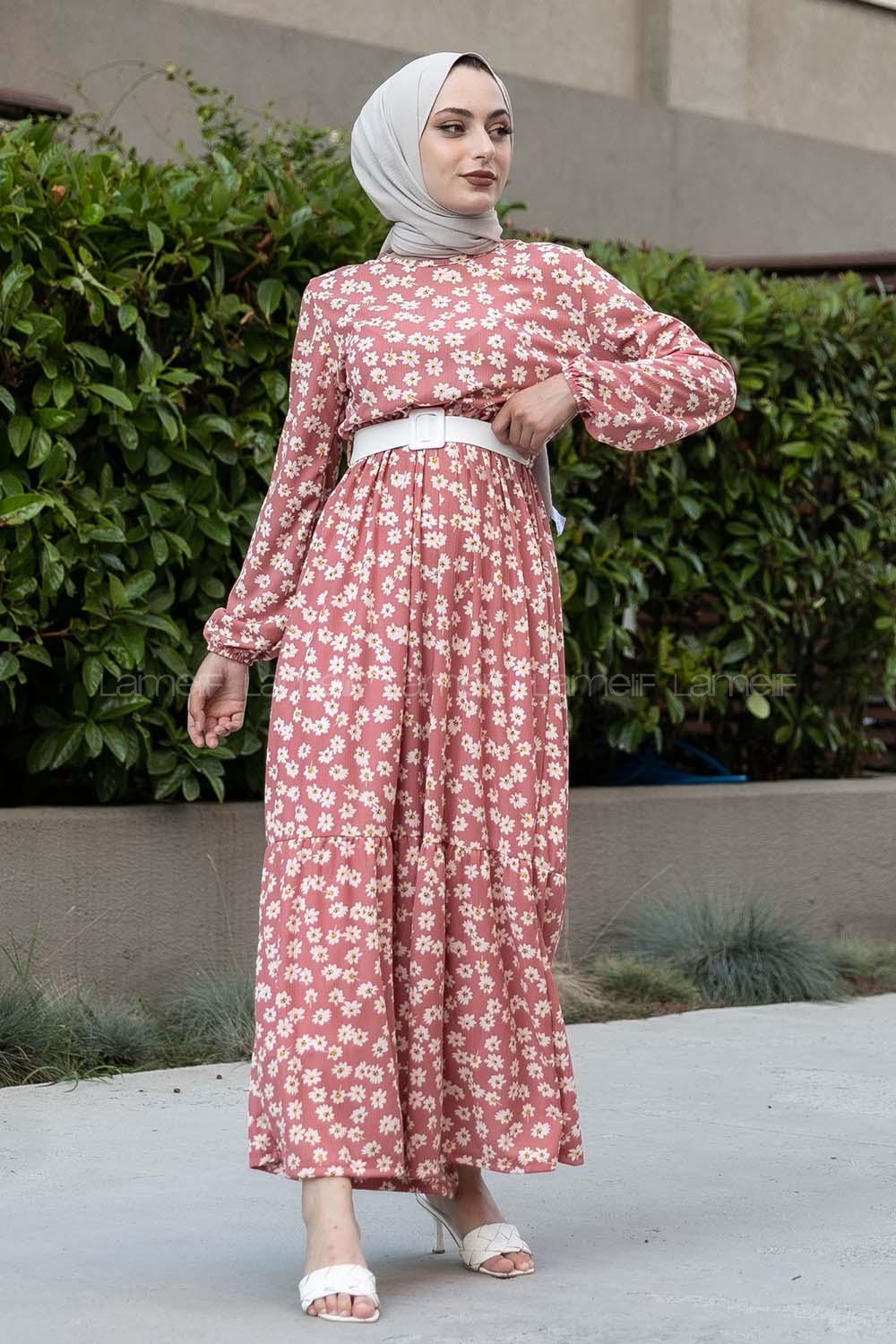 Modalamelif Papatya Desenli Beli Kemer Bağlamalı Elbise Pembe