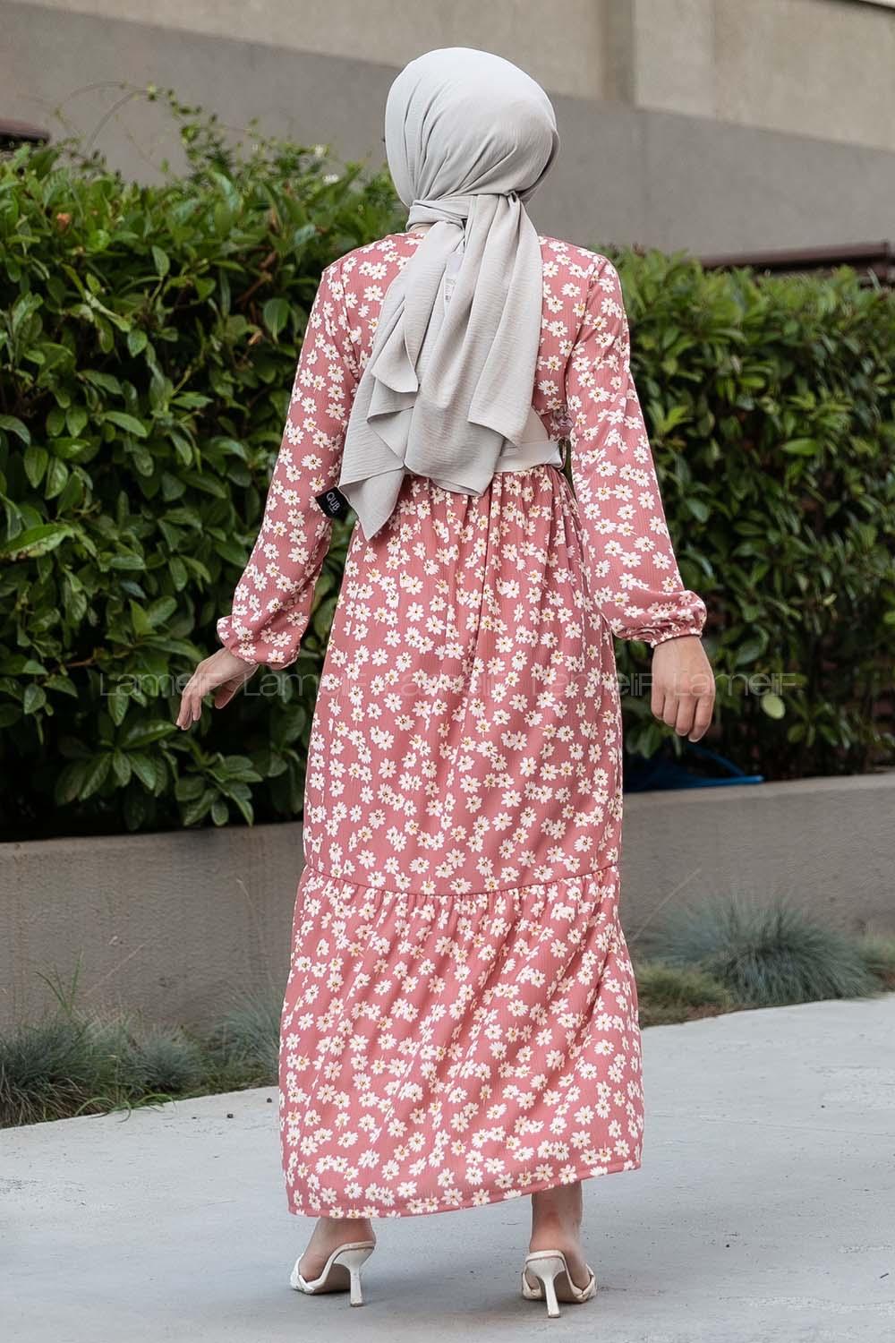 Modalamelif Papatya Desenli Beli Kemer Bağlamalı Elbise Pembe