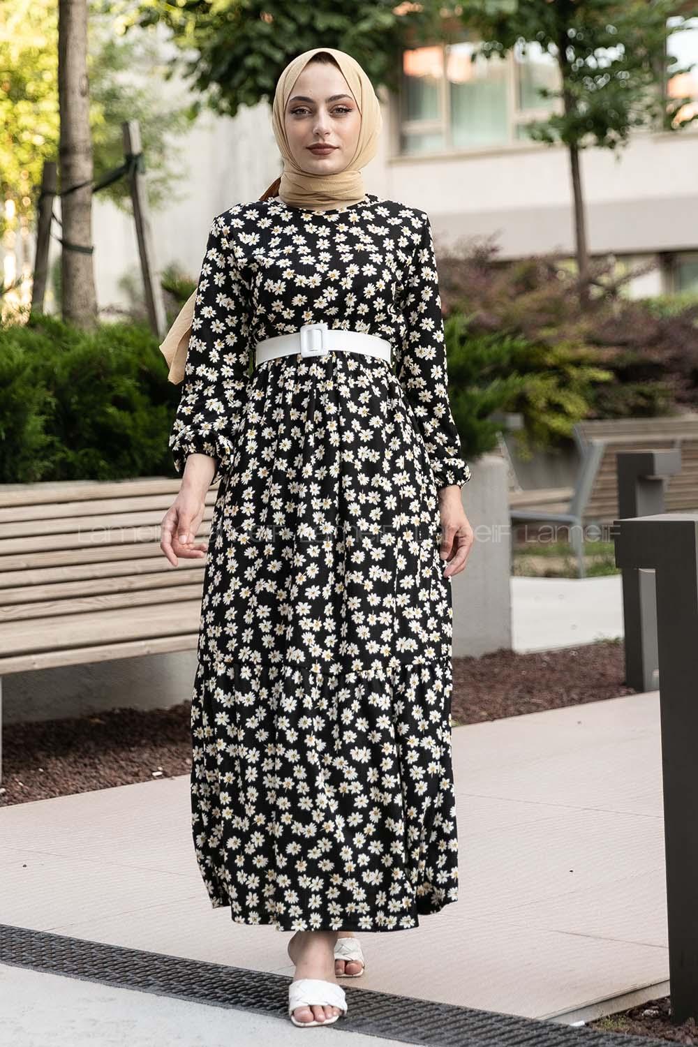 Modalamelif Papatya Desenli Beli Kemer Bağlamalı Elbise Siyah