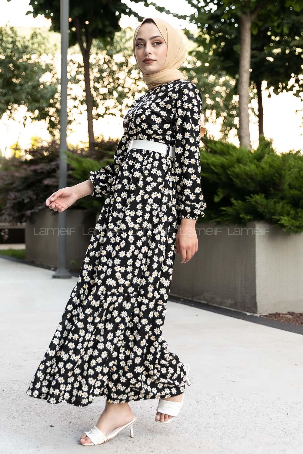 Modalamelif Papatya Desenli Beli Kemer Bağlamalı Elbise Siyah