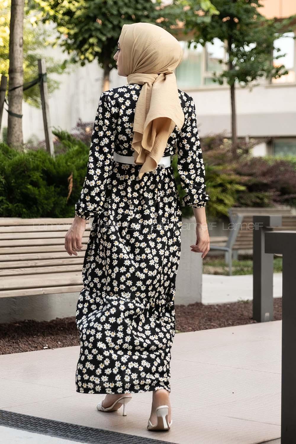 Modalamelif Papatya Desenli Beli Kemer Bağlamalı Elbise Siyah