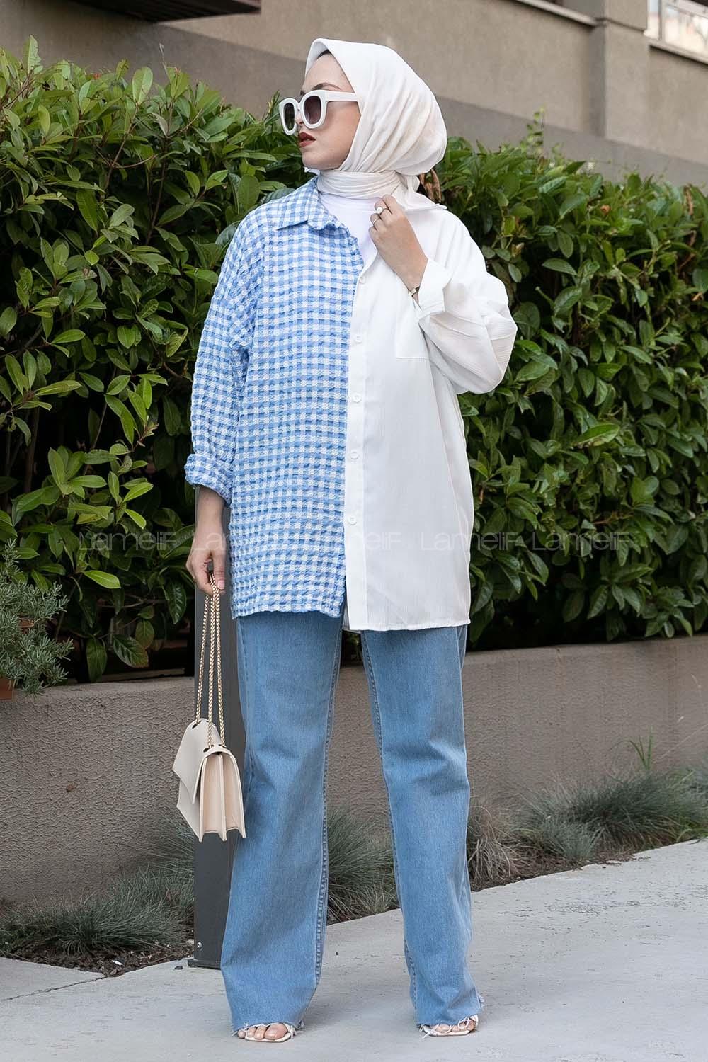 Modalamelif Pötikare Garnili Krinkıl Gömlek Ekru-Mavi