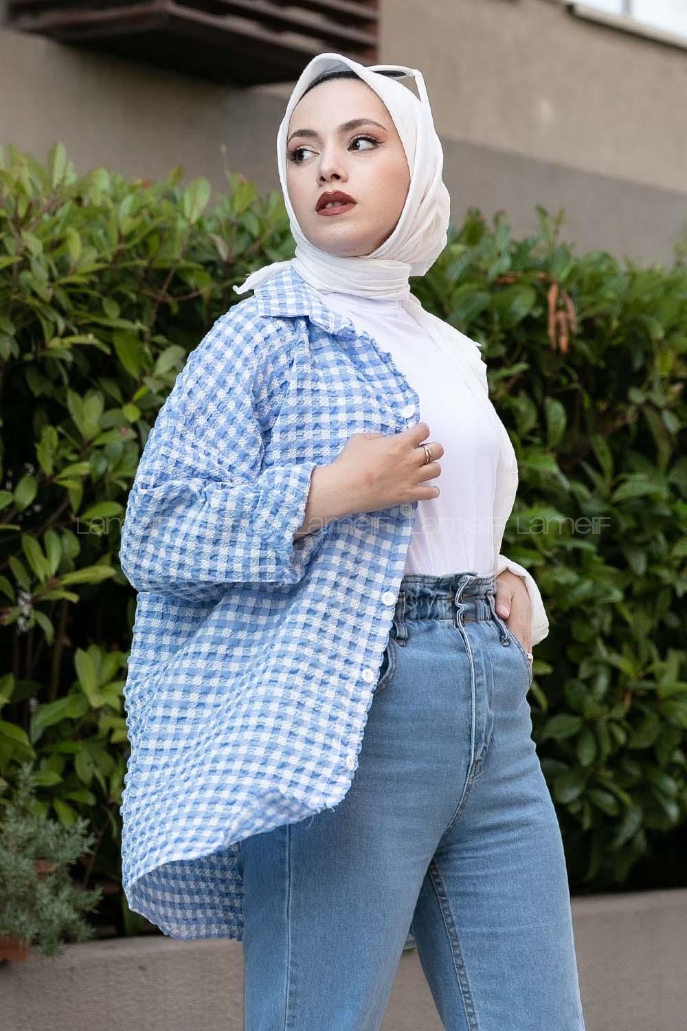 Modalamelif Pötikare Garnili Krinkıl Gömlek Ekru-Mavi