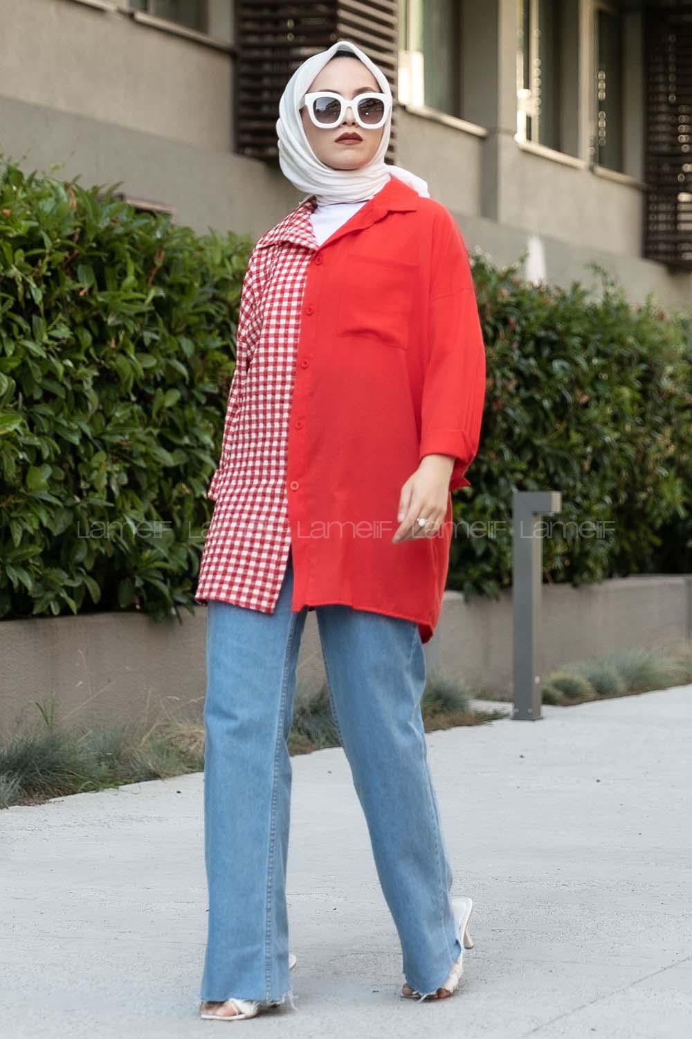 Modalamelif Pötikare Garnili Krinkıl Gömlek Kırmızı