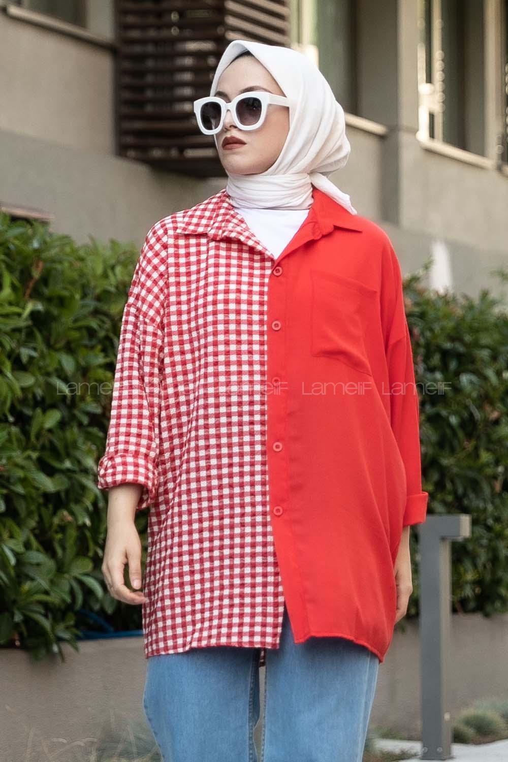 Modalamelif Pötikare Garnili Krinkıl Gömlek Kırmızı