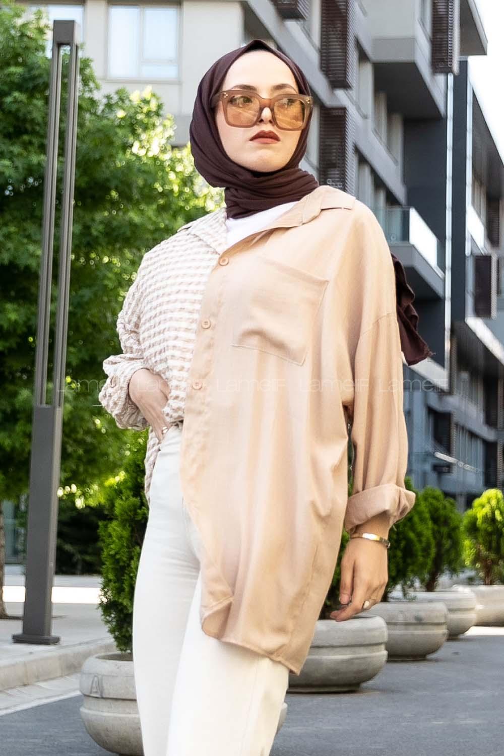 tikare Garnili Krinkıl Gömlek Sütlü Kahve