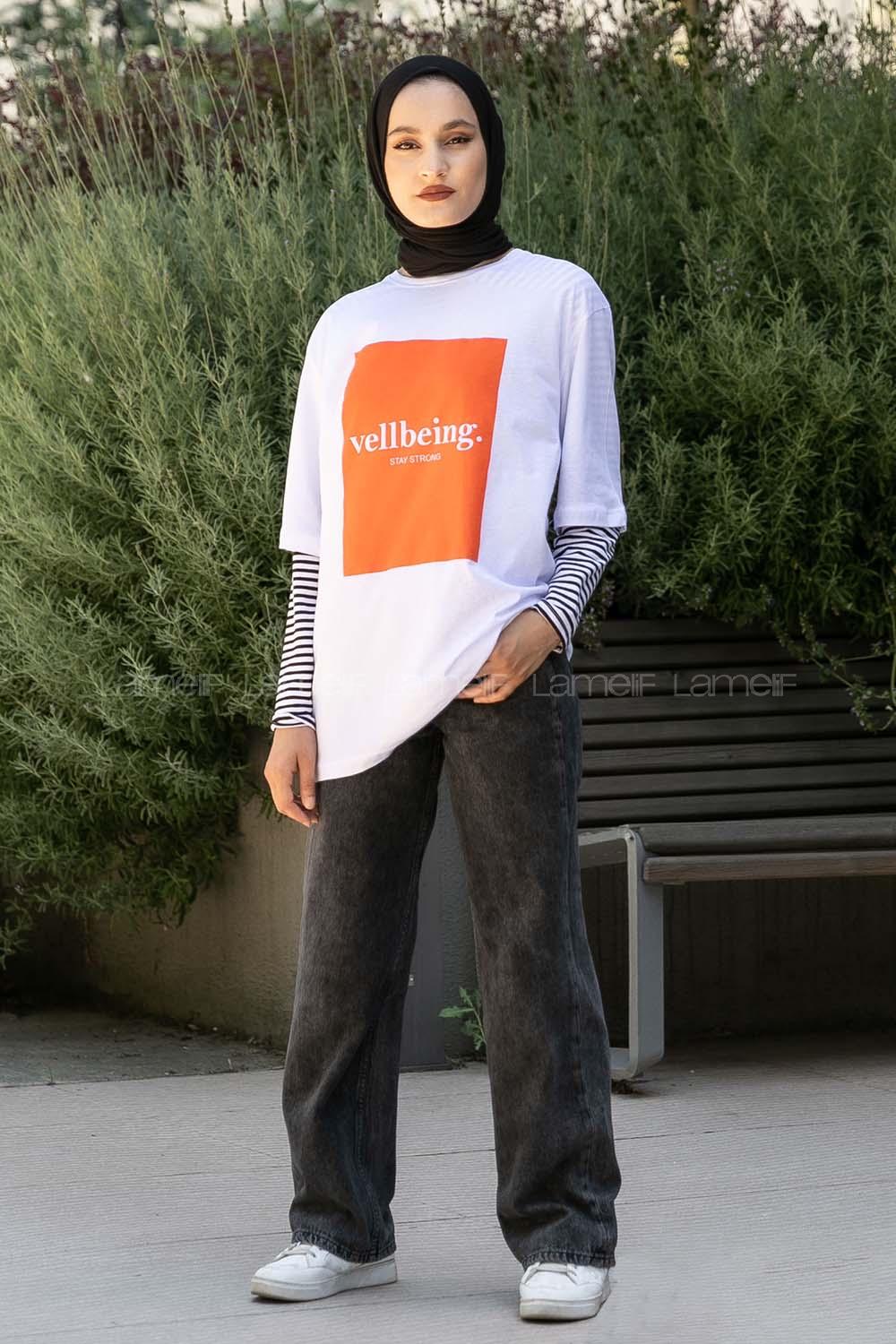 Modalamelif Vellbeing Yazı Baskılı Oversize T-Shirt Turuncu-Beyaz