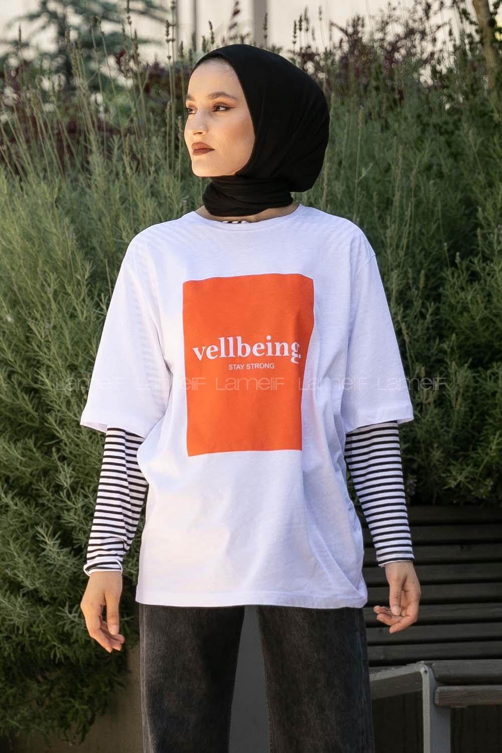 Modalamelif Vellbeing Yazı Baskılı Oversize T-Shirt Turuncu-Beyaz