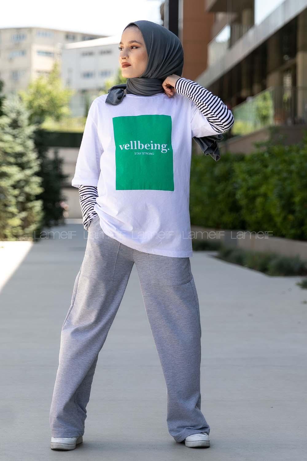 Modalamelif Vellbeing Yazı Baskılı Oversize T-Shirt Yeşil-Beyaz