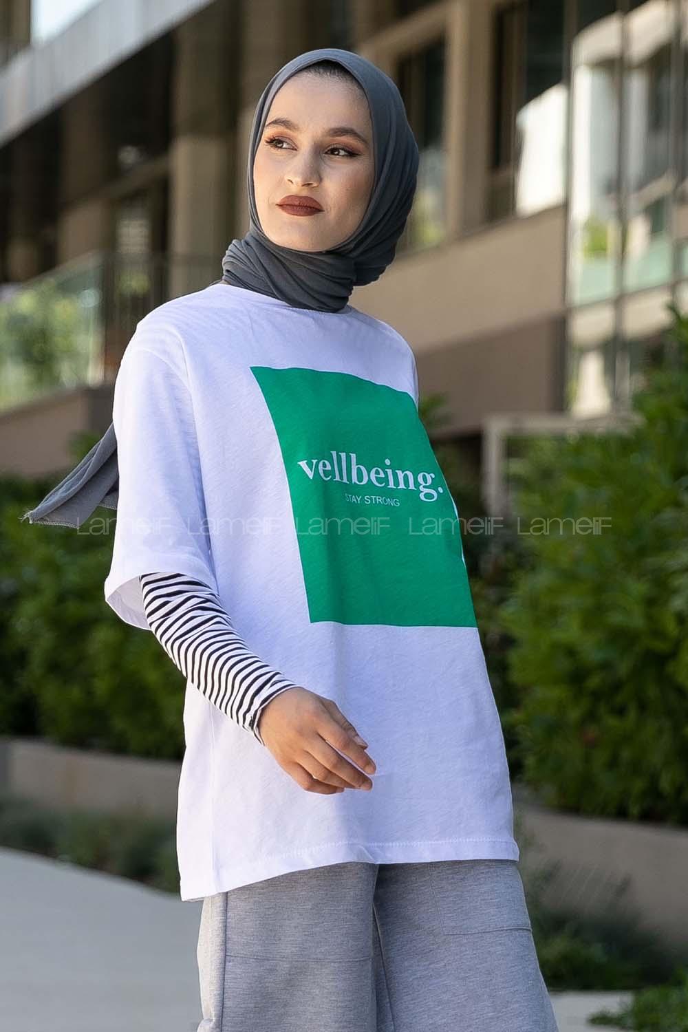Modalamelif Vellbeing Yazı Baskılı Oversize T-Shirt Yeşil-Beyaz