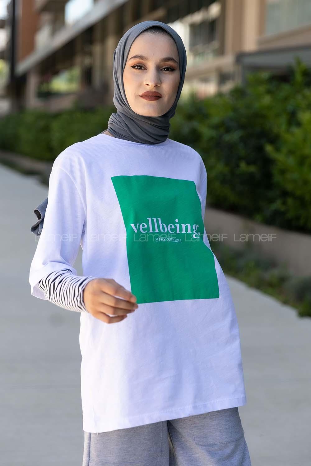 Modalamelif Vellbeing Yazı Baskılı Oversize T-Shirt Yeşil-Beyaz