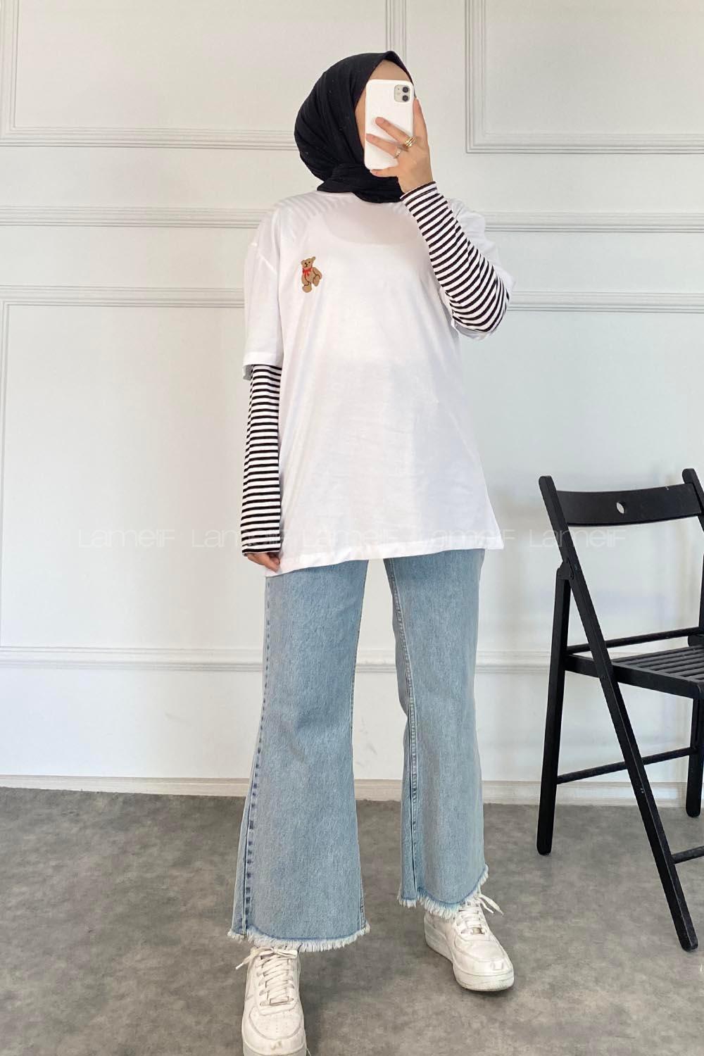 Modalamelif Ayıcık Baskılı Oversize T-Shirt Beyaz