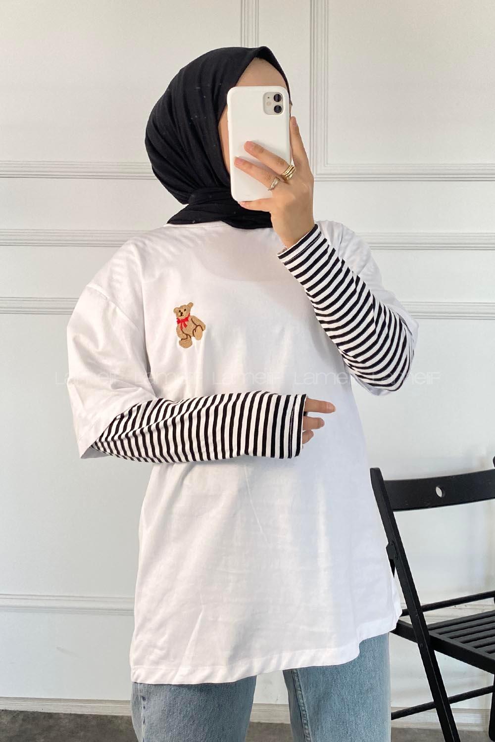 Modalamelif Ayıcık Baskılı Oversize T-Shirt Beyaz