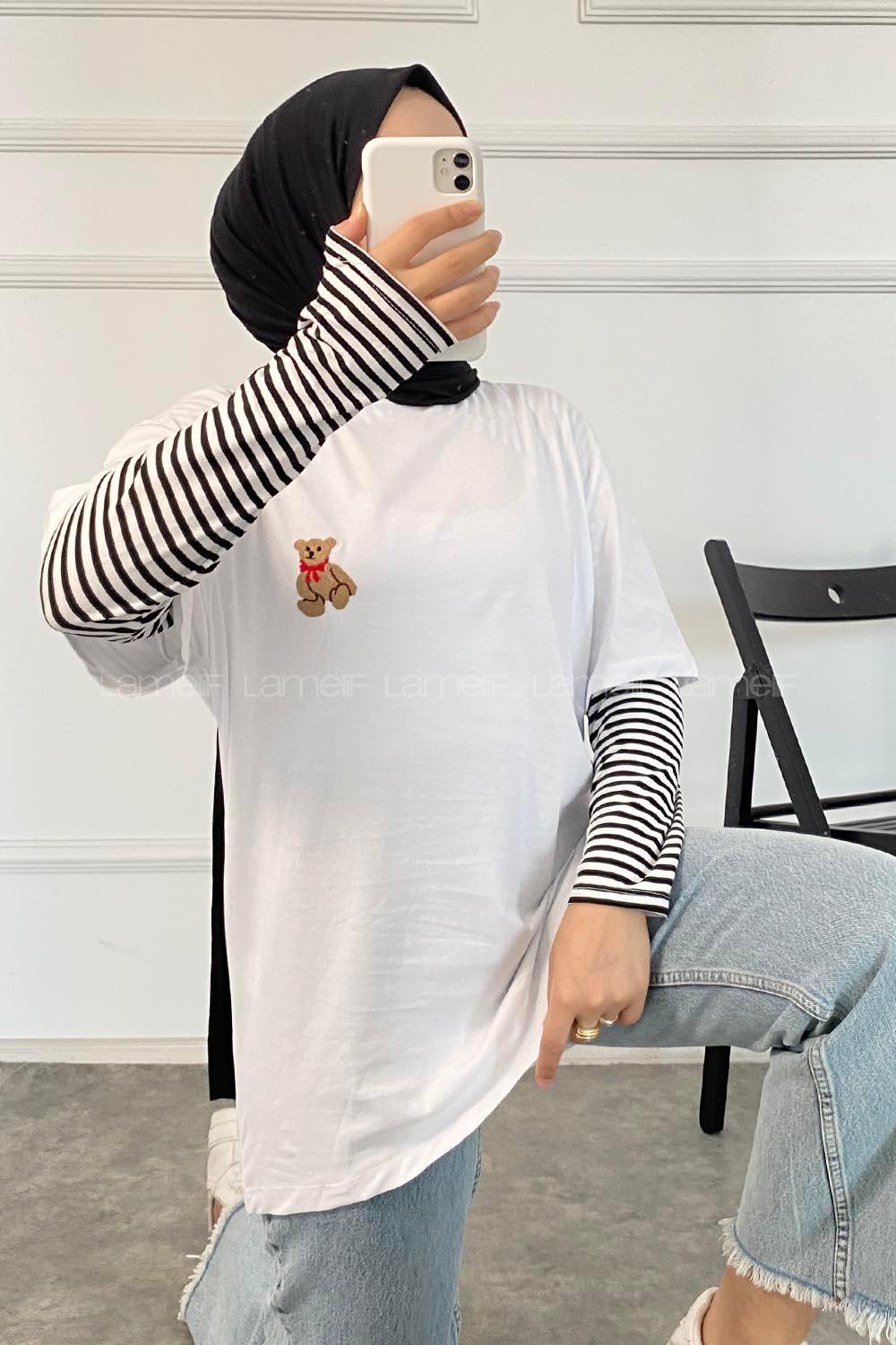 Modalamelif Ayıcık Baskılı Oversize T-Shirt Beyaz