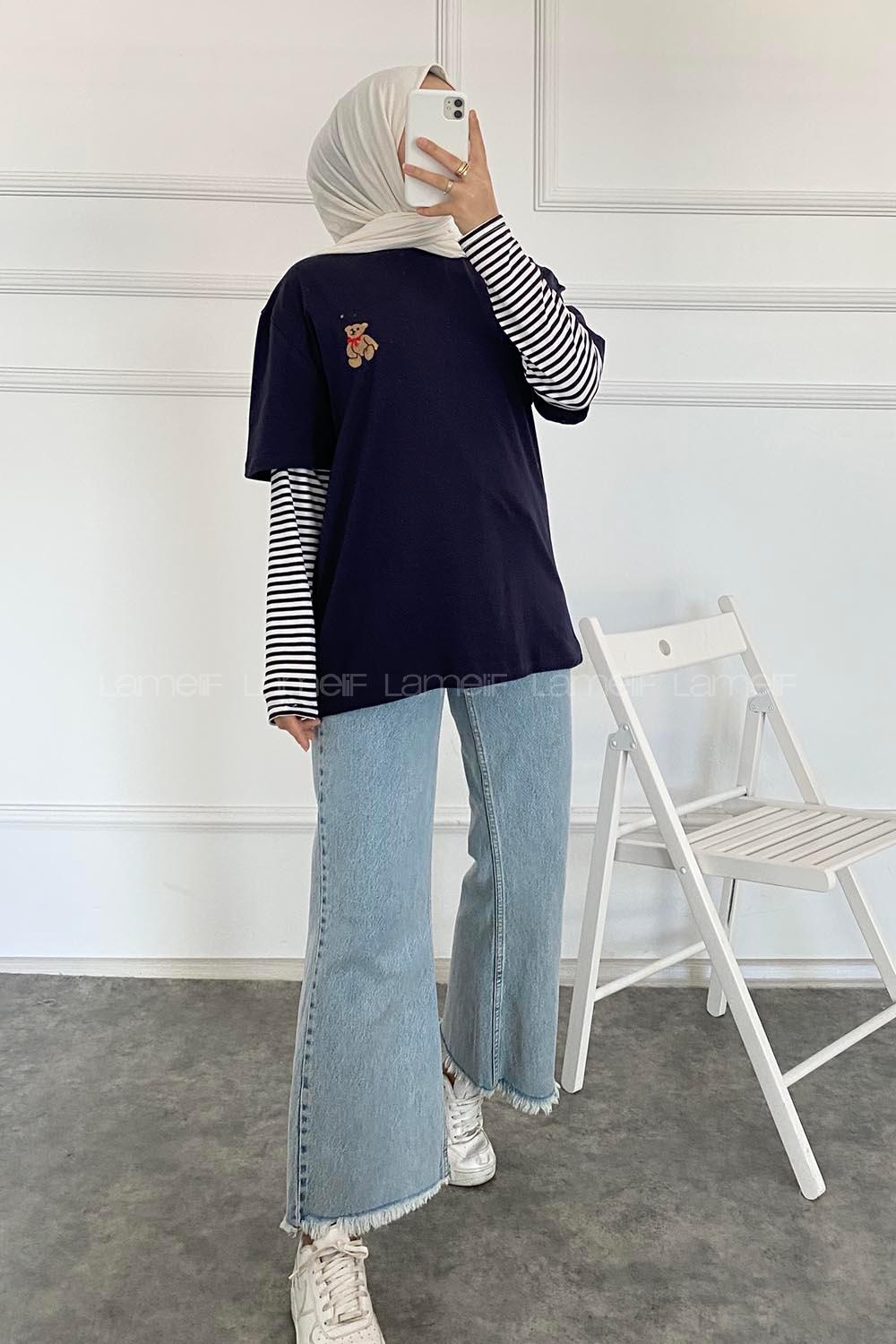 Modalamelif Ayıcık Baskılı Oversize T-Shirt Lacivert