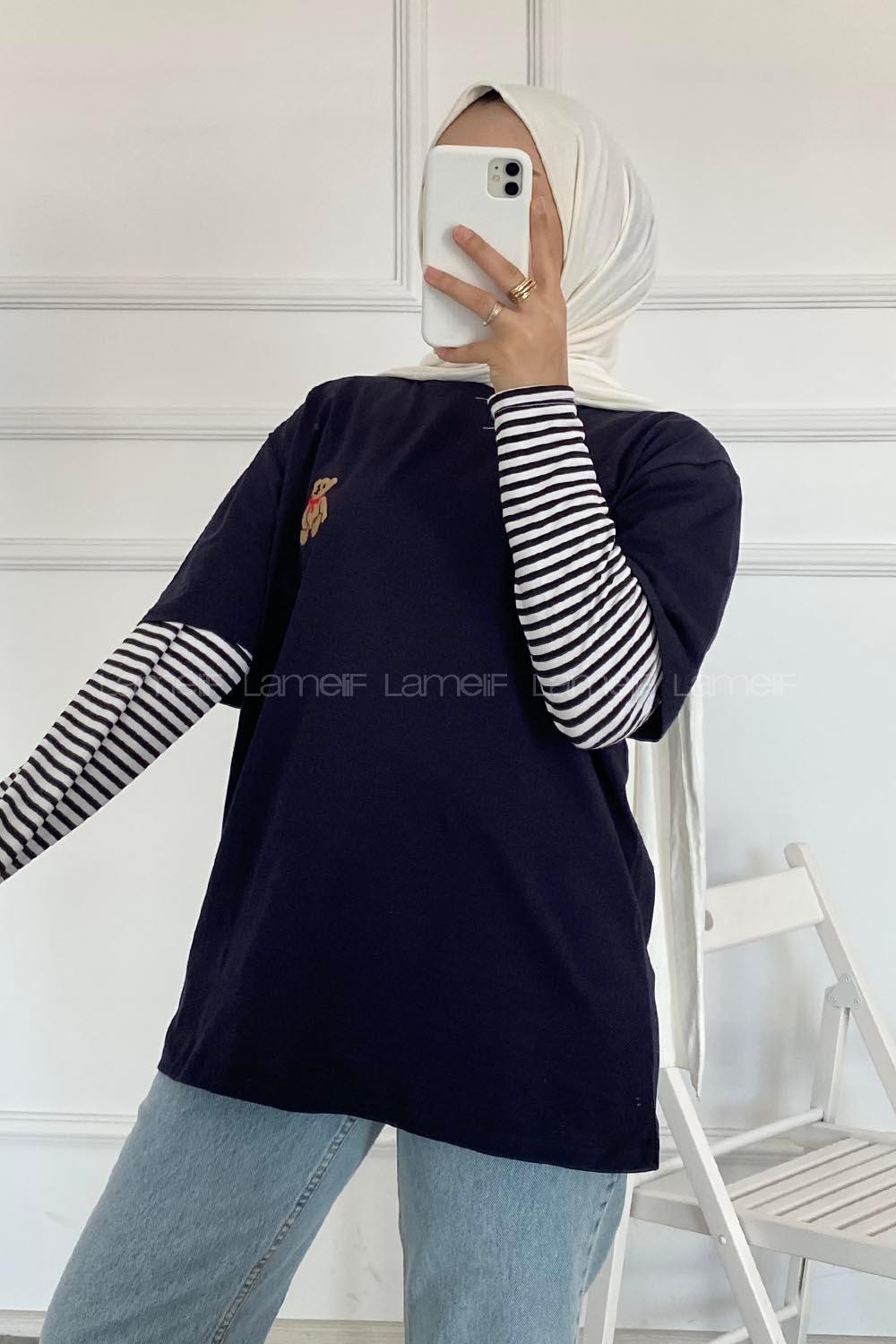 Modalamelif Ayıcık Baskılı Oversize T-Shirt Lacivert