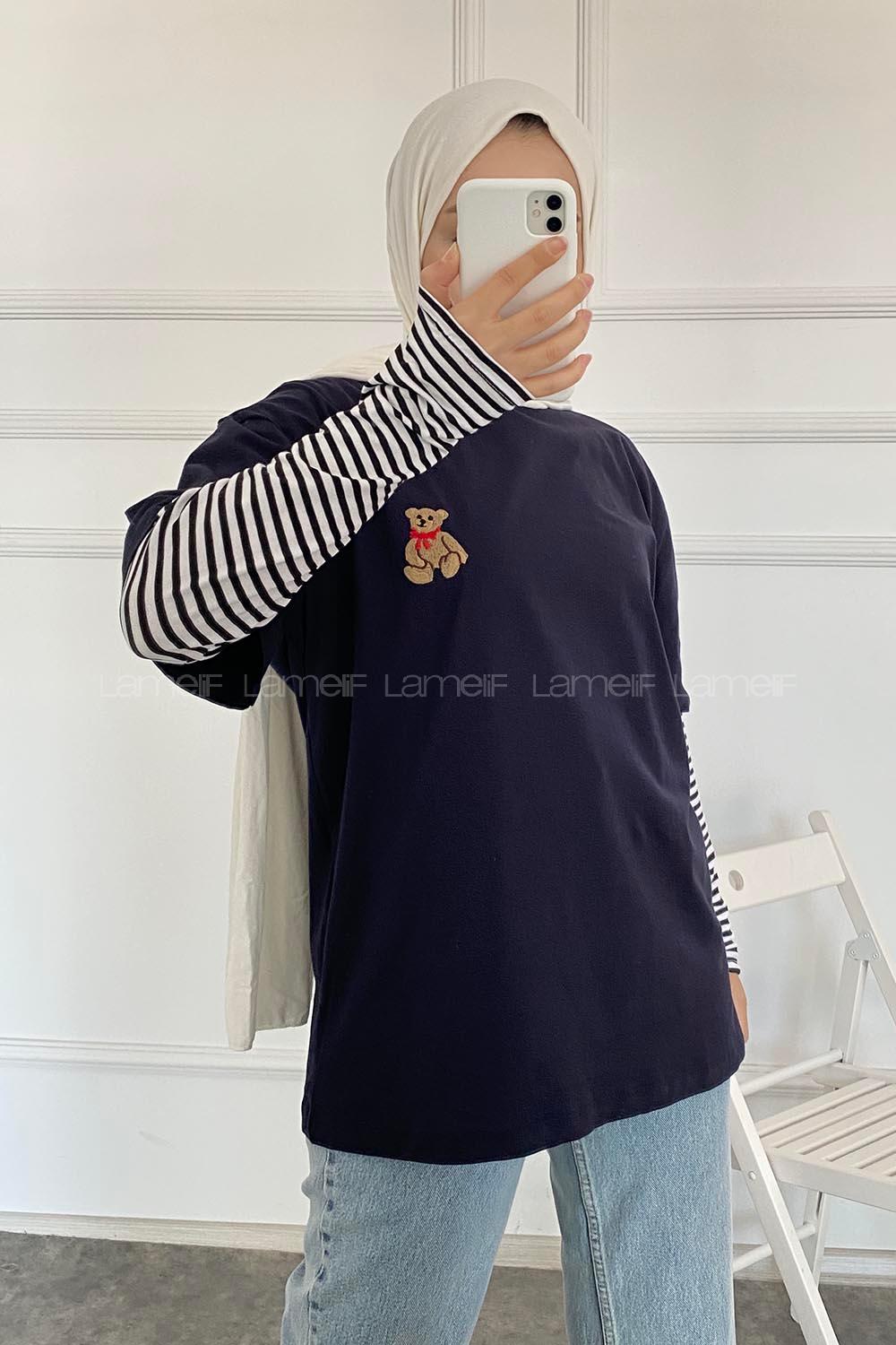 Modalamelif Ayıcık Baskılı Oversize T-Shirt Lacivert