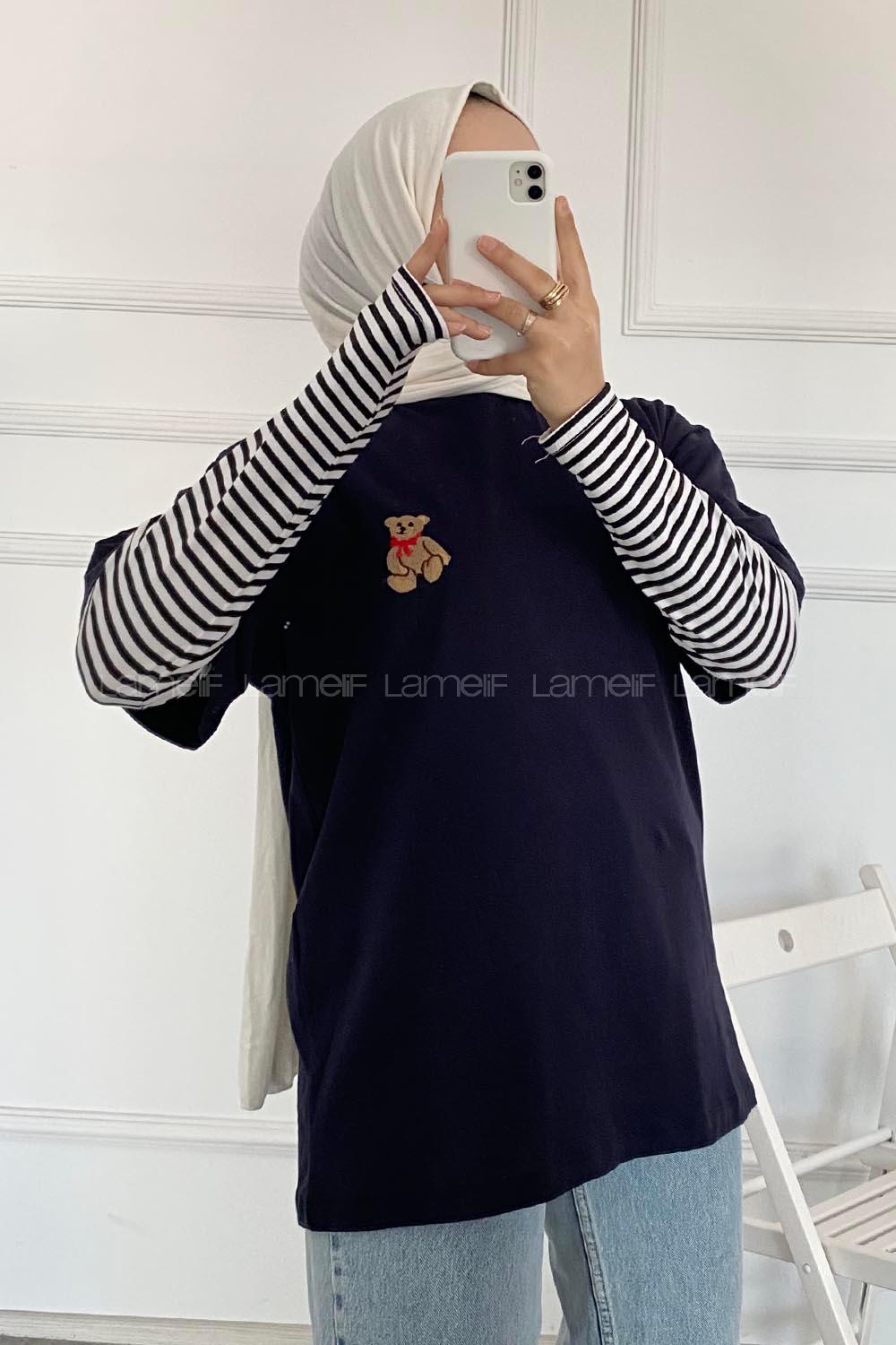 Modalamelif Ayıcık Baskılı Oversize T-Shirt Lacivert