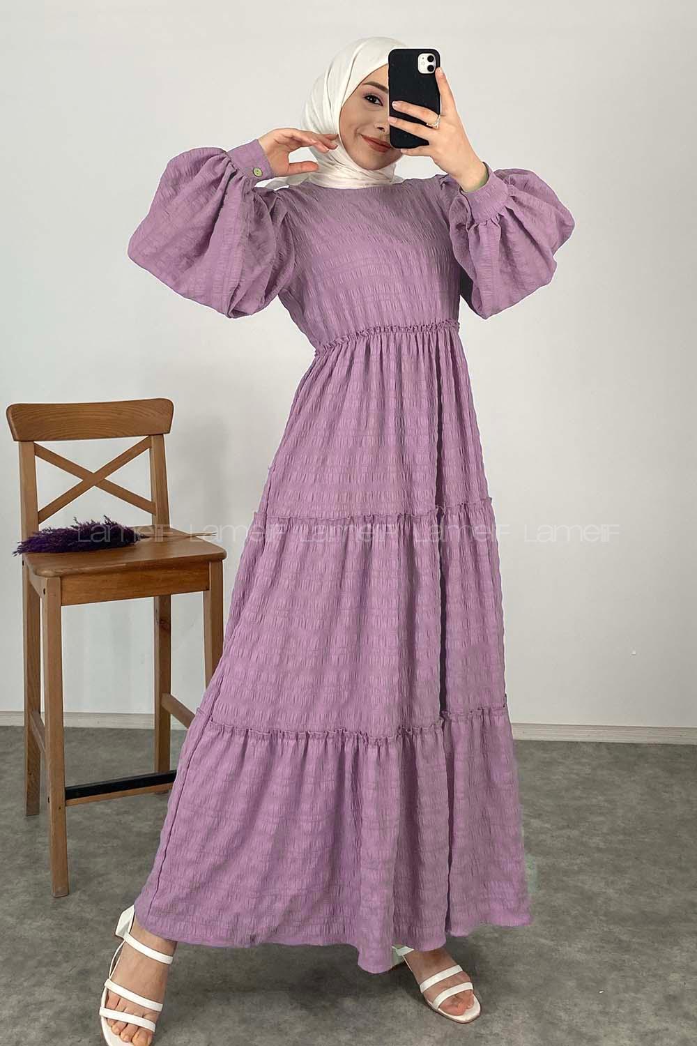 Lamelif Balon Kol Gofre Büzgülü Elbise Eflatun