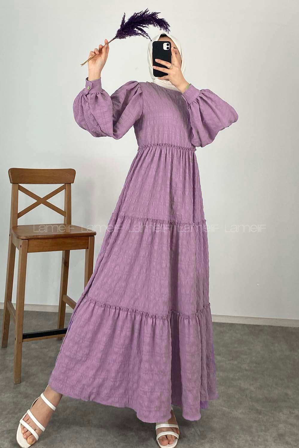 Lamelif Balon Kol Gofre Büzgülü Elbise Eflatun