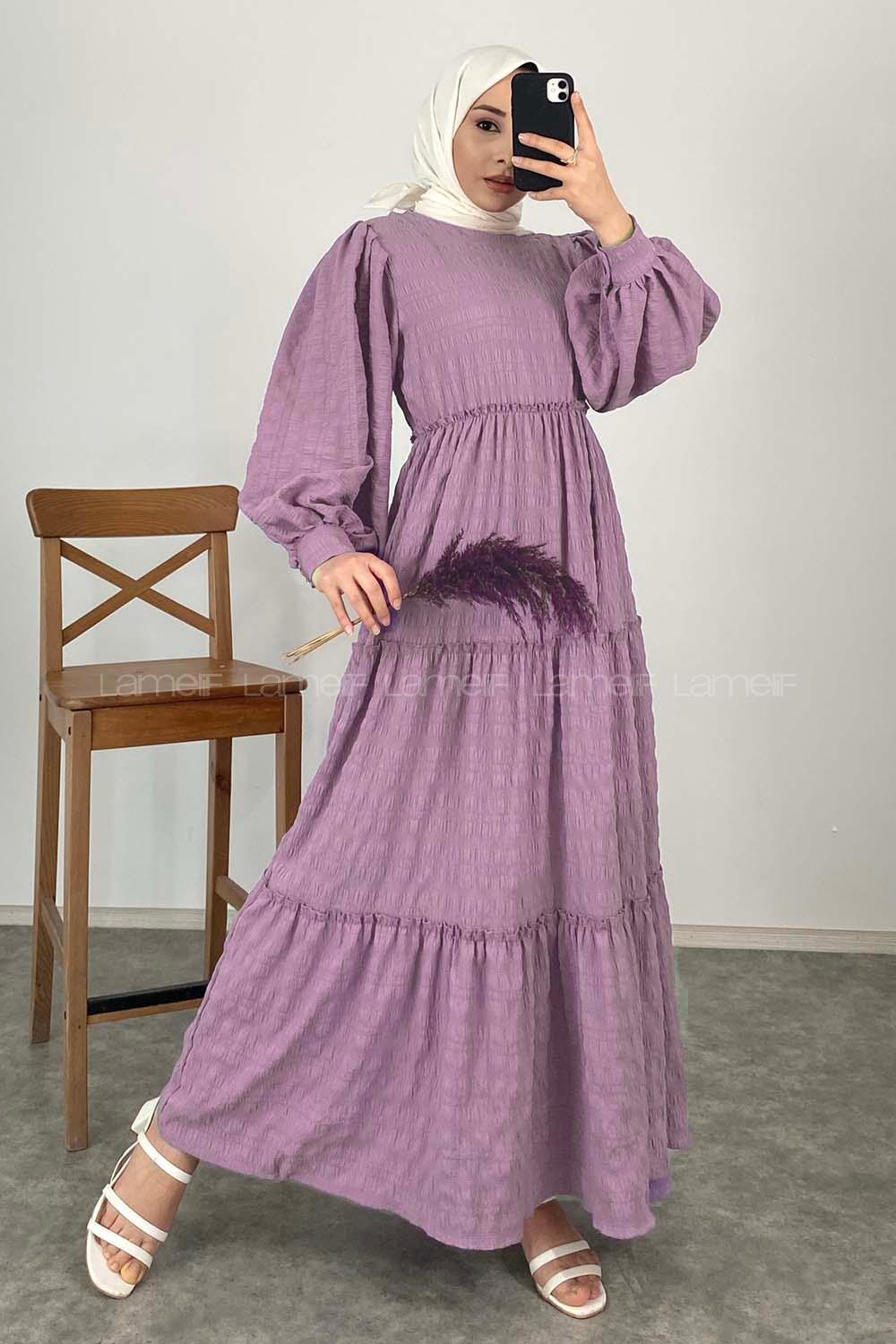 Lamelif Balon Kol Gofre Büzgülü Elbise Eflatun