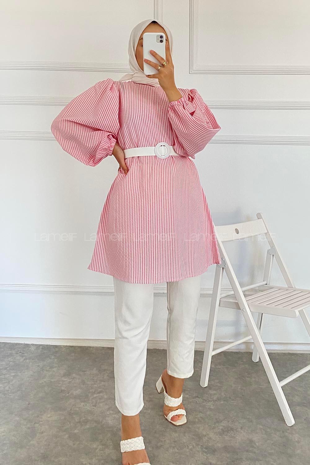 Modalamelif Bisiklet Yaka Kemerli Tunik Gül