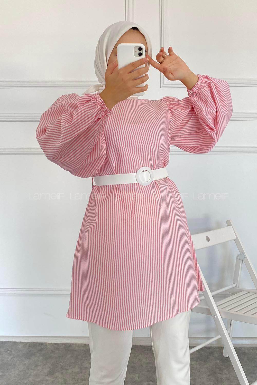 Modalamelif Bisiklet Yaka Kemerli Tunik Gül