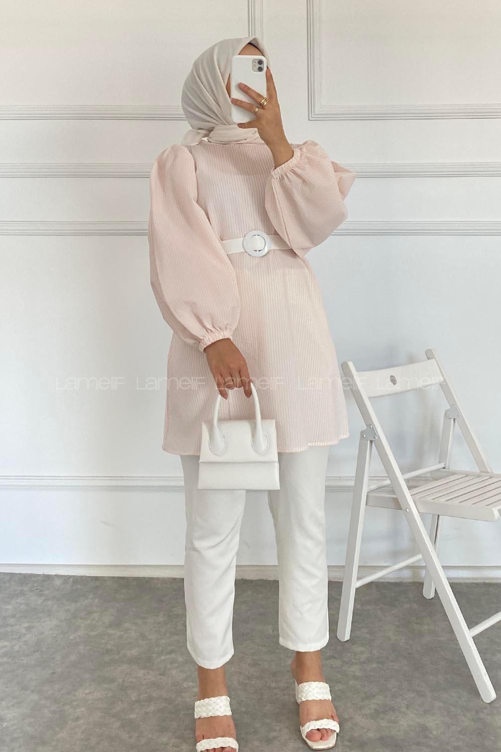 Modalamelif Bisiklet Yaka Kemerli Tunik Pudra