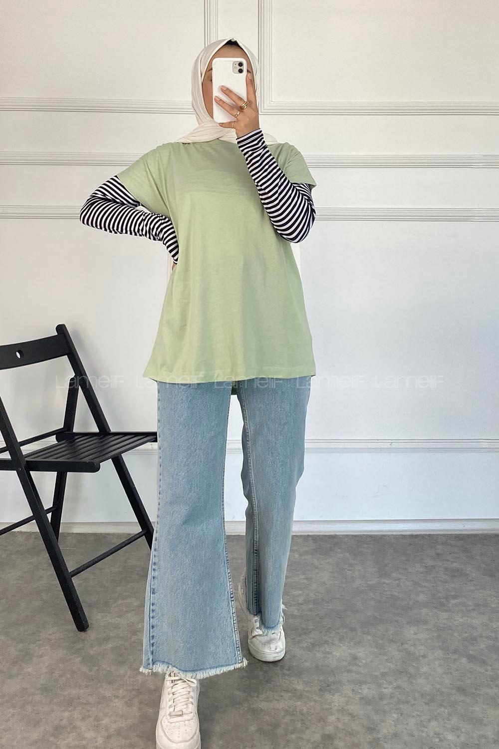 Modalamelif Bisiklet Yaka Oversize T-Shirt Çağla Yeşili