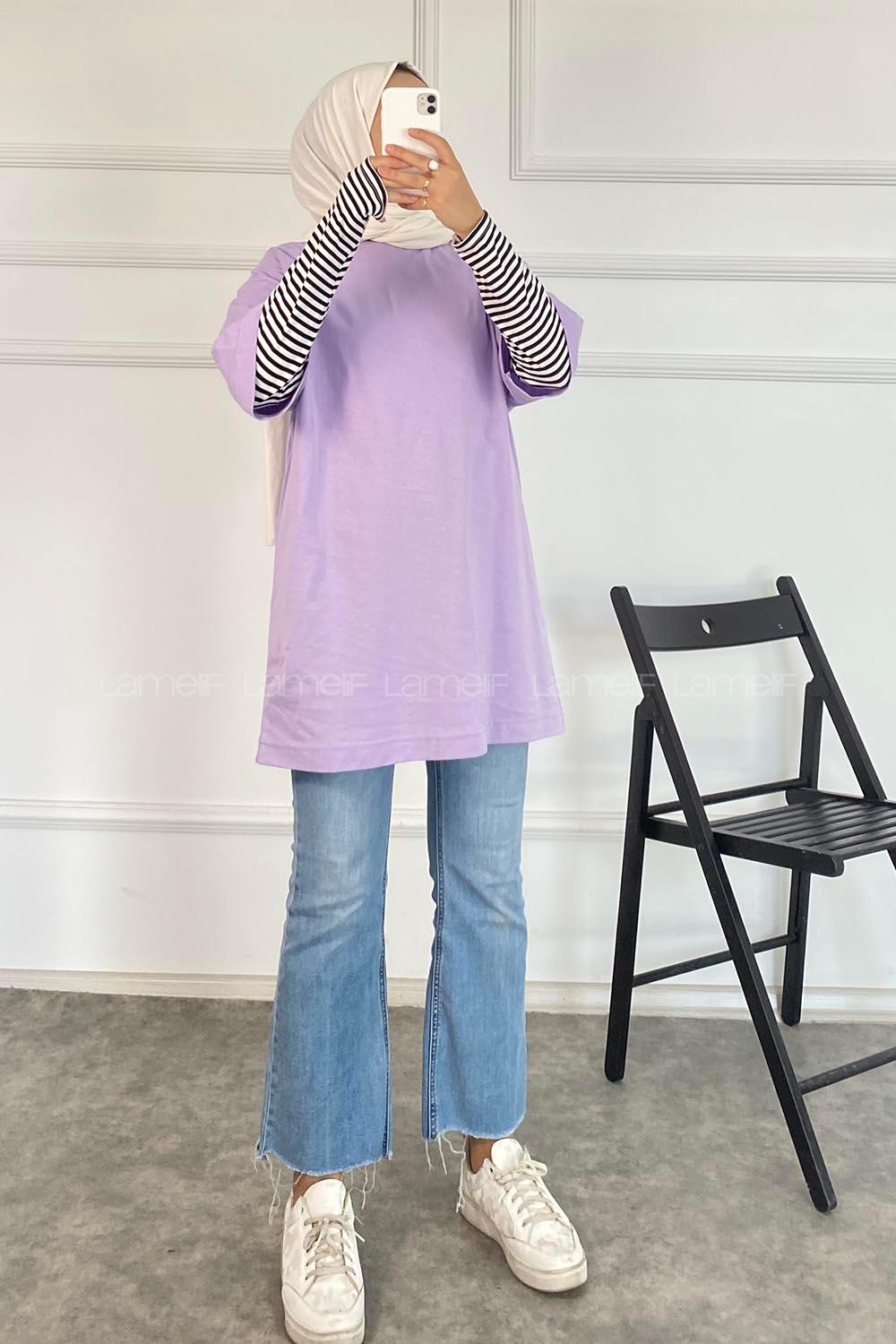 Modalamelif Bisiklet Yaka Oversize T-Shirt Lila