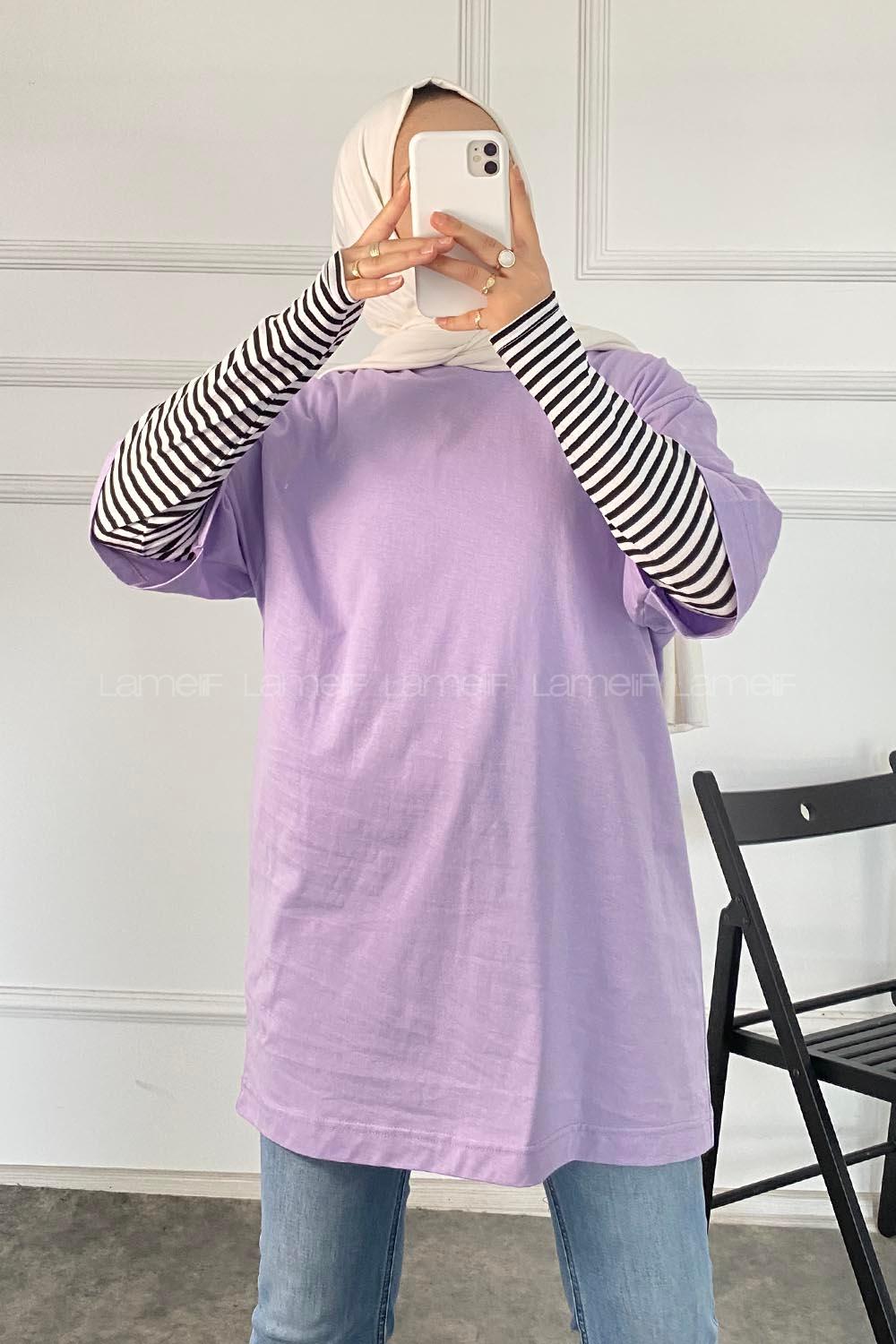 Modalamelif Bisiklet Yaka Oversize T-Shirt Lila