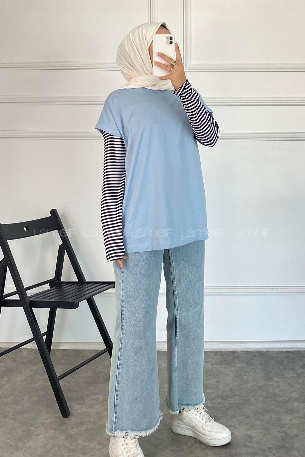 Modalamelif Bisiklet Yaka Oversize T-Shirt Mavi