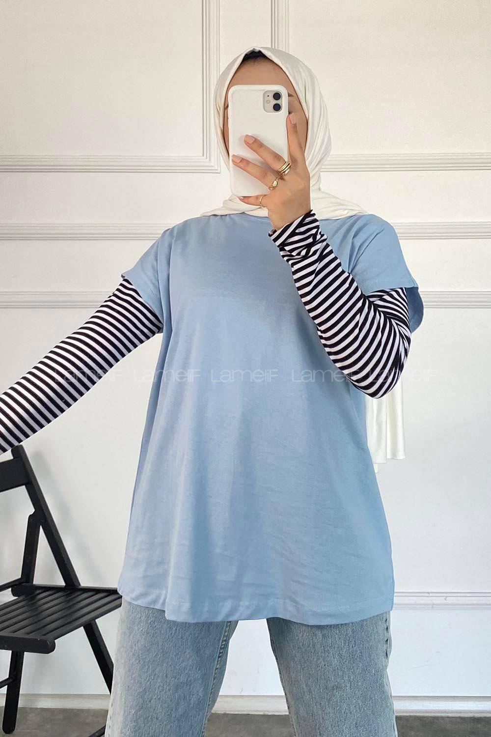 Modalamelif Bisiklet Yaka Oversize T-Shirt Mavi