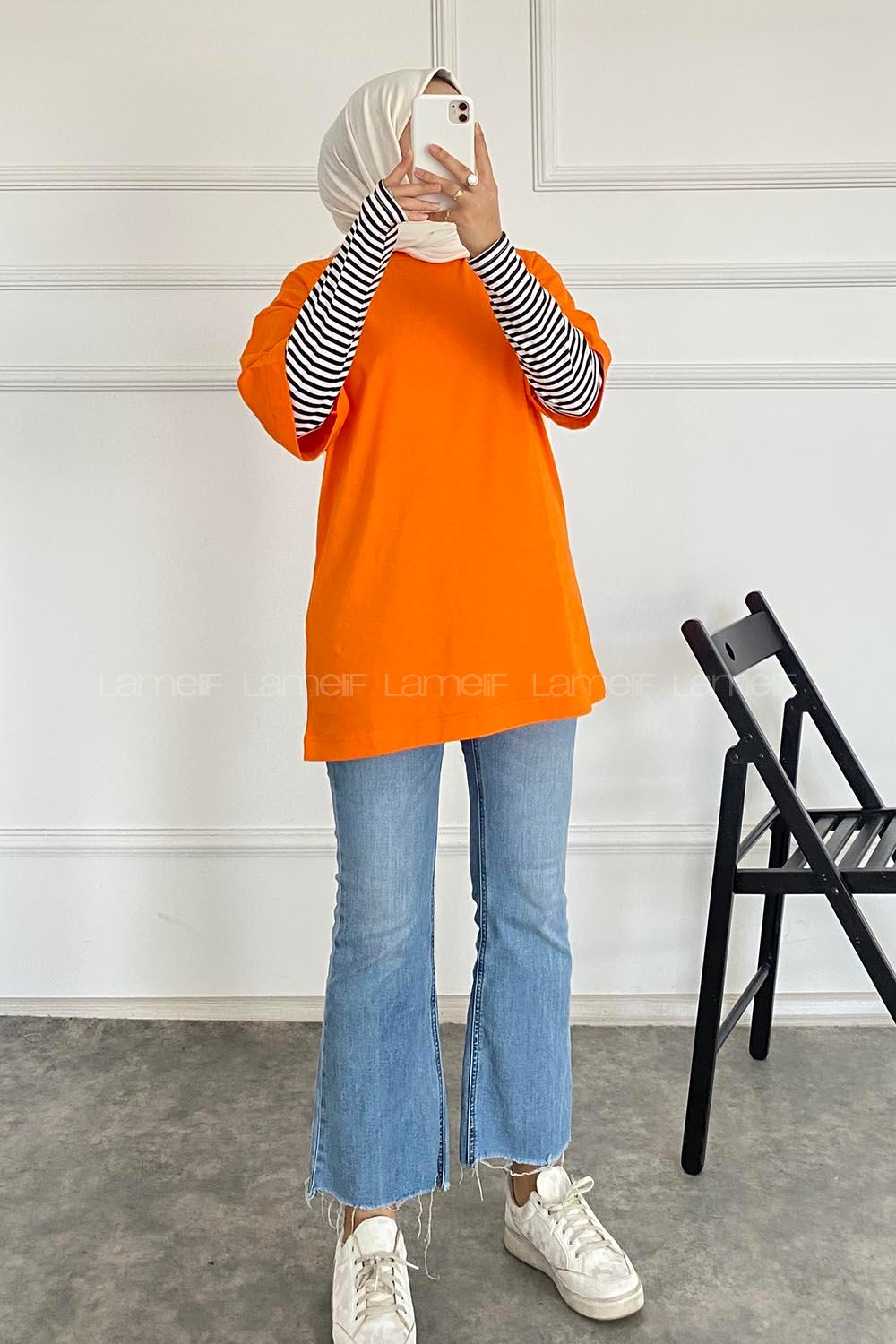 Modalamelif Bisiklet Yaka Oversize T-Shirt Oranj