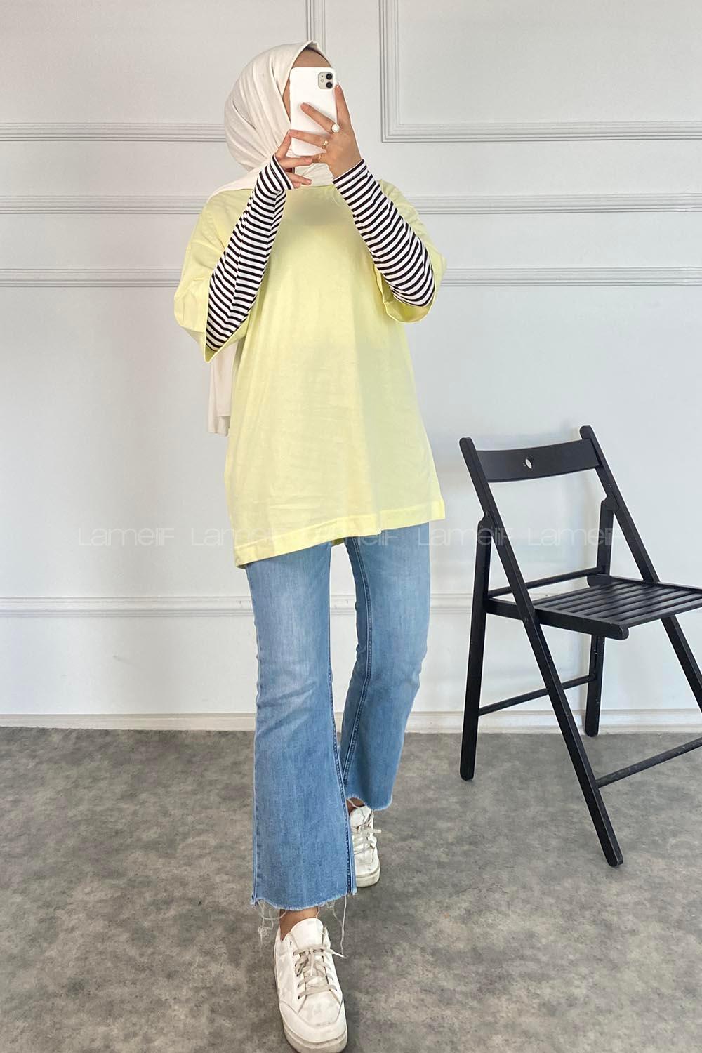 Modalamelif Bisiklet Yaka Oversize T-Shirt Sarı