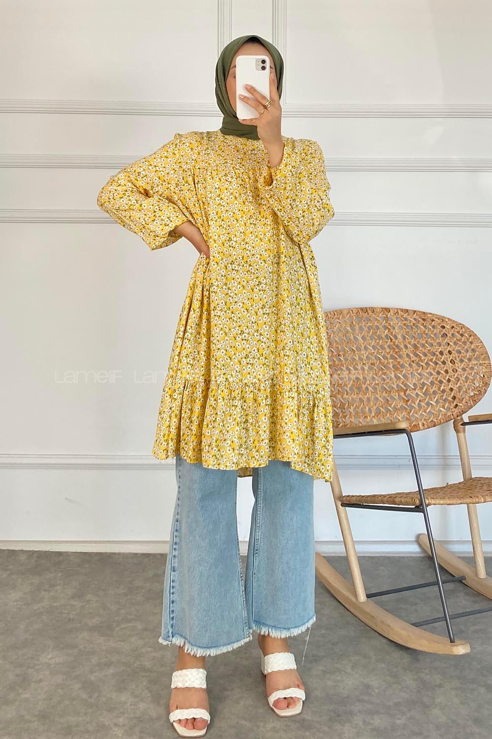 Modalamelif Çiçek Desen Eteği Fırfırlı Tunik Sarı