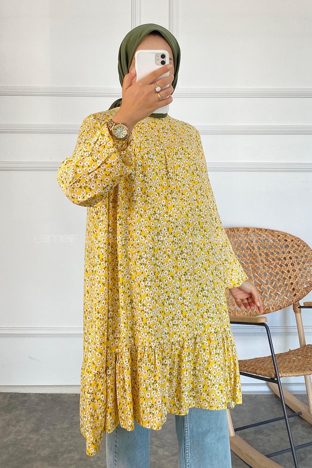 Modalamelif Çiçek Desen Eteği Fırfırlı Tunik Sarı