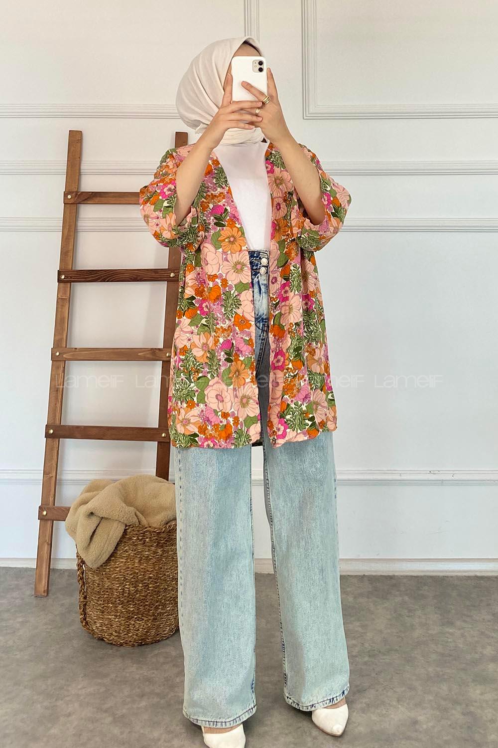 Modalamelif Çiçek Desenli Kısa Kollu Kimono Turuncu-Lila