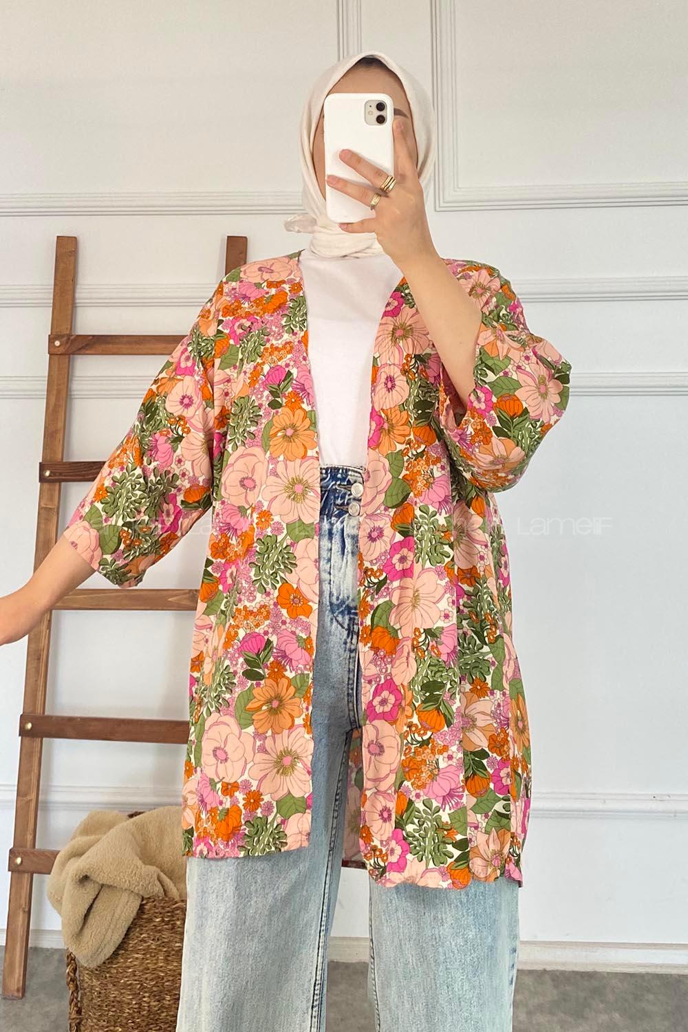 Modalamelif Çiçek Desenli Kısa Kollu Kimono Turuncu-Lila