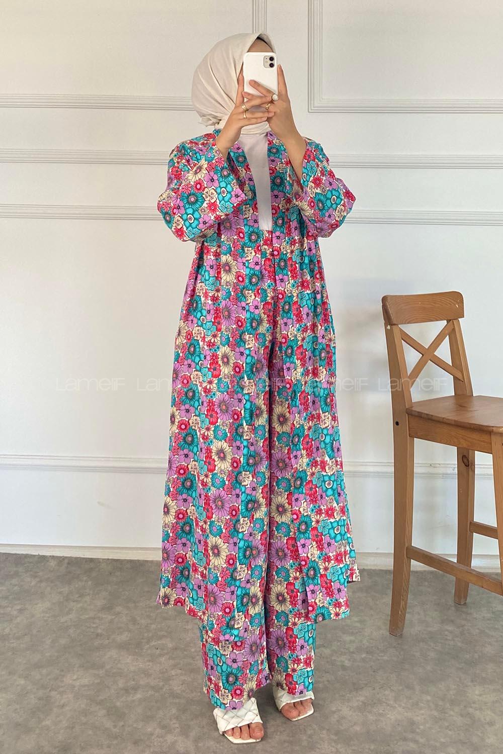 Modalamelif Çiçek Desenli Kuşak Bağlamalı İkili Kimono Takım Lila