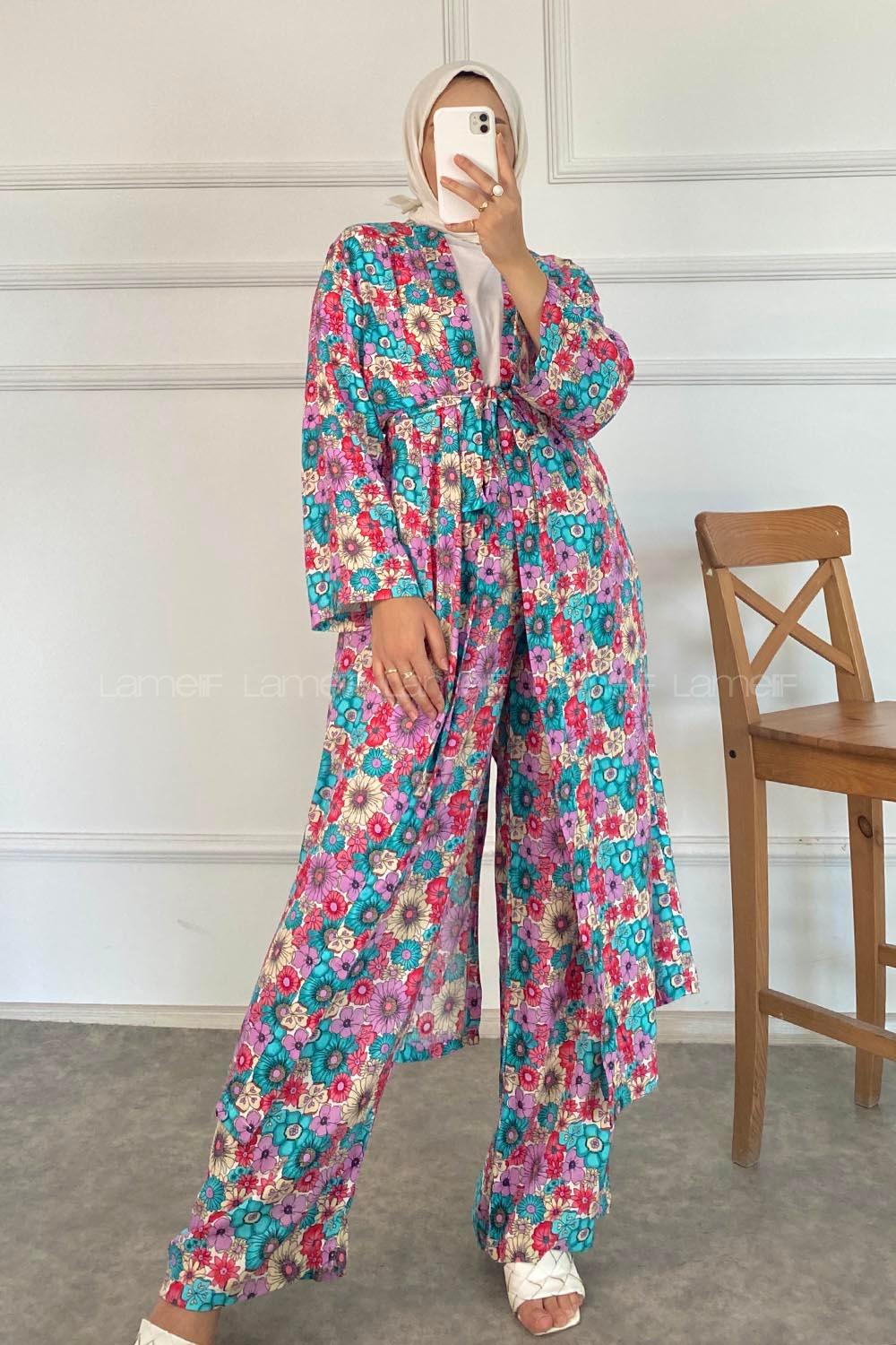 Modalamelif Çiçek Desenli Kuşak Bağlamalı İkili Kimono Takım Lila