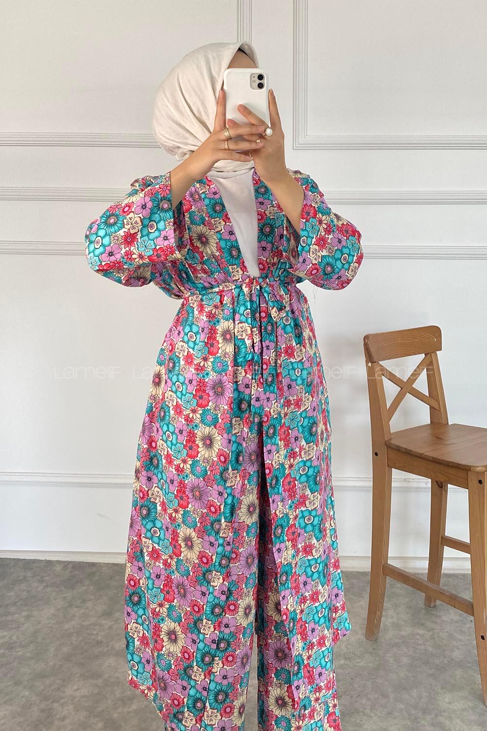 Modalamelif Çiçek Desenli Kuşak Bağlamalı İkili Kimono Takım Lila