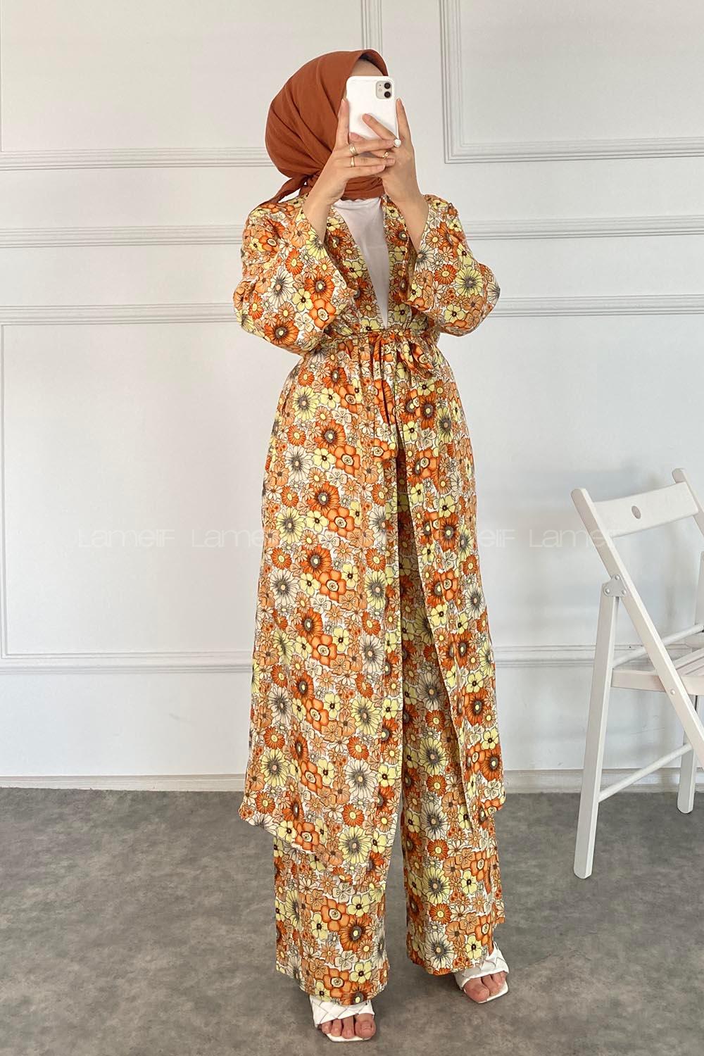 Modalamelif Çiçek Desenli Kuşak Bağlamalı İkili Kimono Takım Oranj