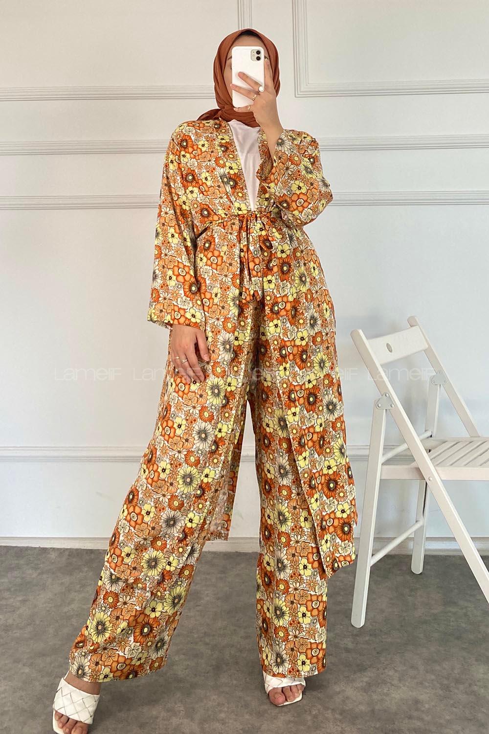 Modalamelif Çiçek Desenli Kuşak Bağlamalı İkili Kimono Takım Oranj