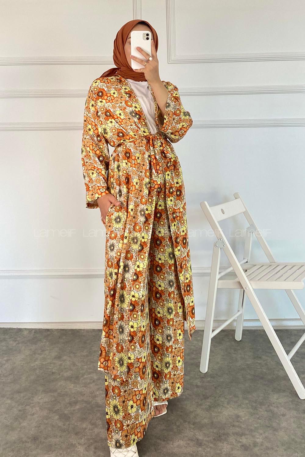 Modalamelif Çiçek Desenli Kuşak Bağlamalı İkili Kimono Takım Oranj