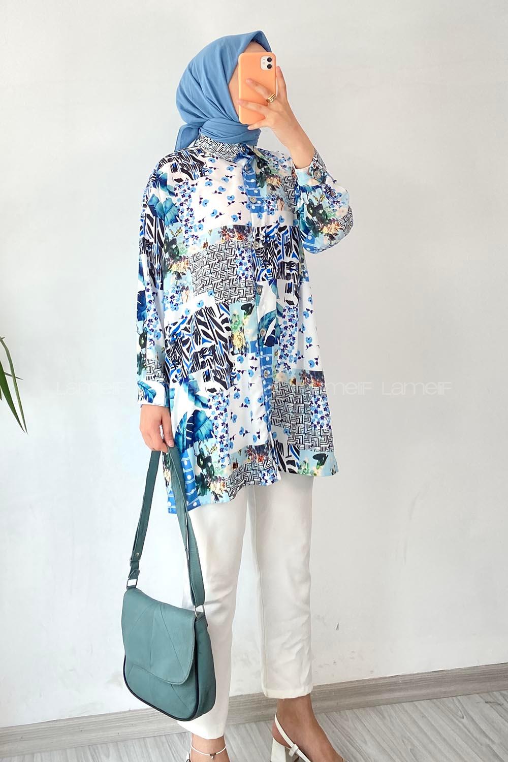 Modalamelif Desenli Önü Düğmeli Gömlek Mavi