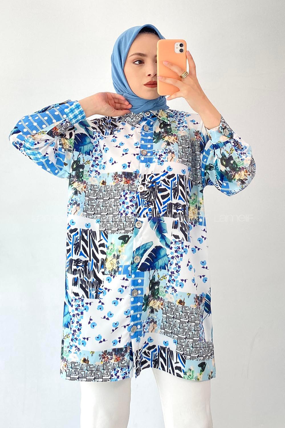 Modalamelif Desenli Önü Düğmeli Gömlek Mavi