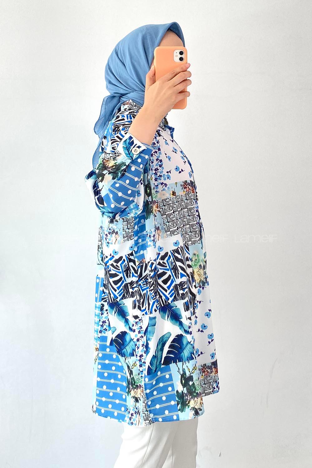 Modalamelif Desenli Önü Düğmeli Gömlek Mavi