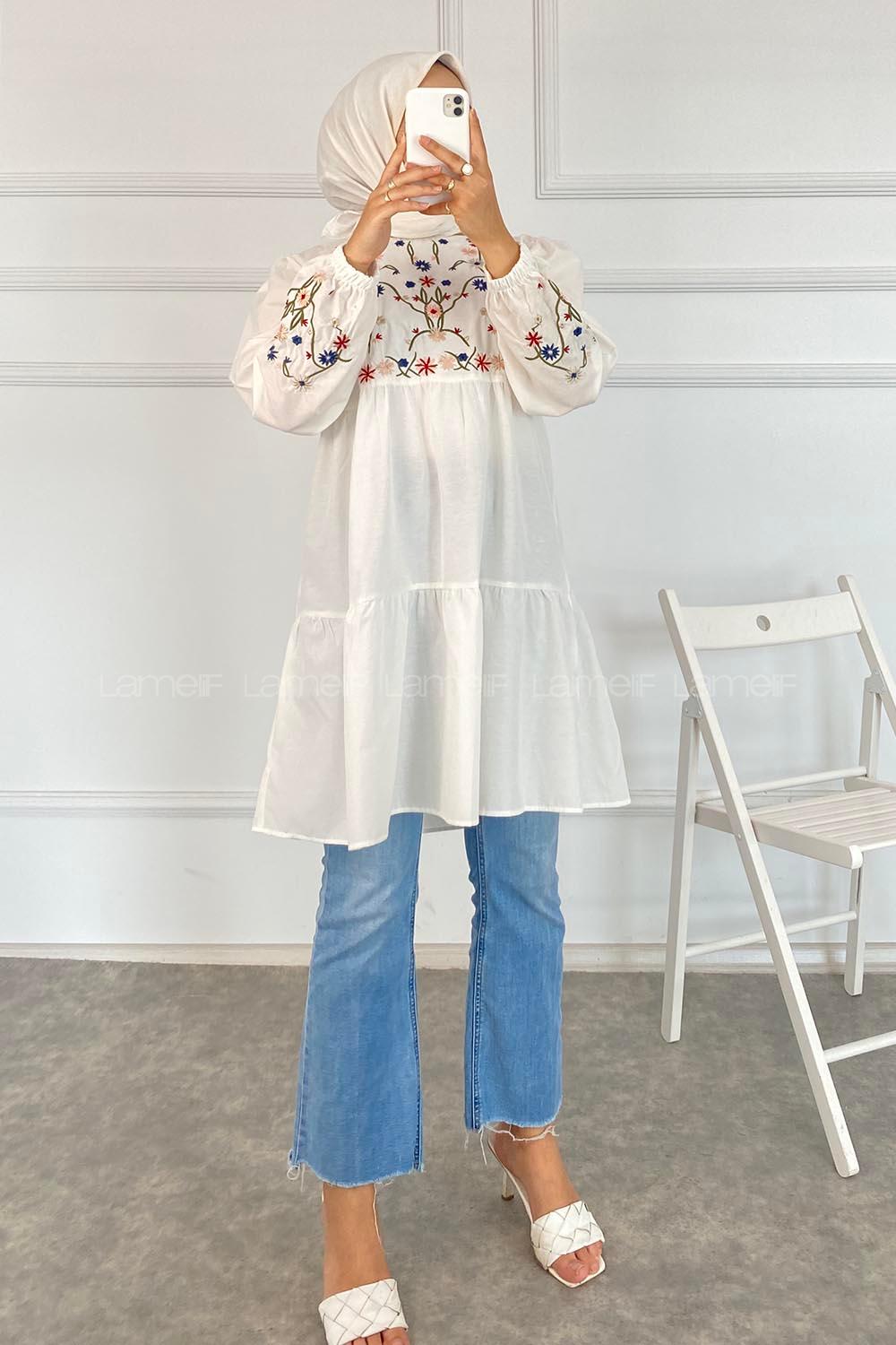 Modalamelif Çiçek Nakış Detaylı Model Tunik Ekru